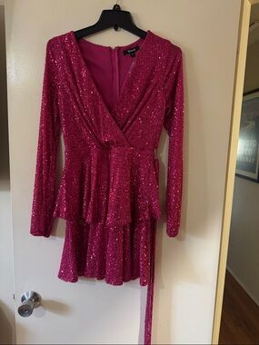 Trixxi Hot Pink Sequin Long Sleeve Mini Dress